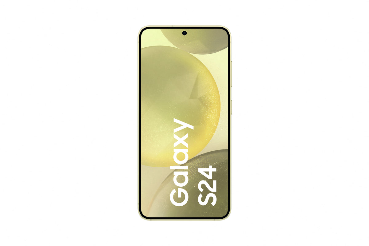 Samsung Galaxy S24 in Amber Yellow — brand stock image. Your device's condition matches its grade.