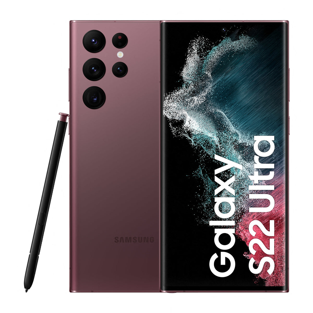 Samsung Galaxy S22 Ultra in Burgundy — brand stock image. Your device's condition matches its grade.