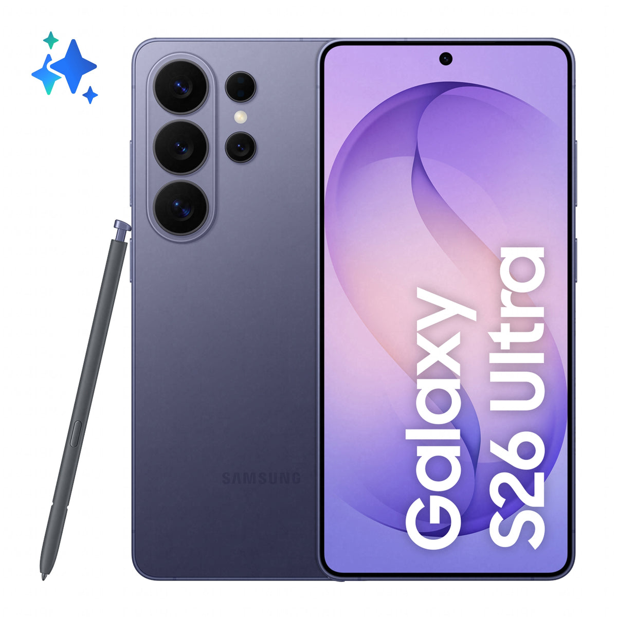 Samsung Galaxy S26 Ultra in Cobalt Violet — brand stock image. Your device's condition matches its grade.