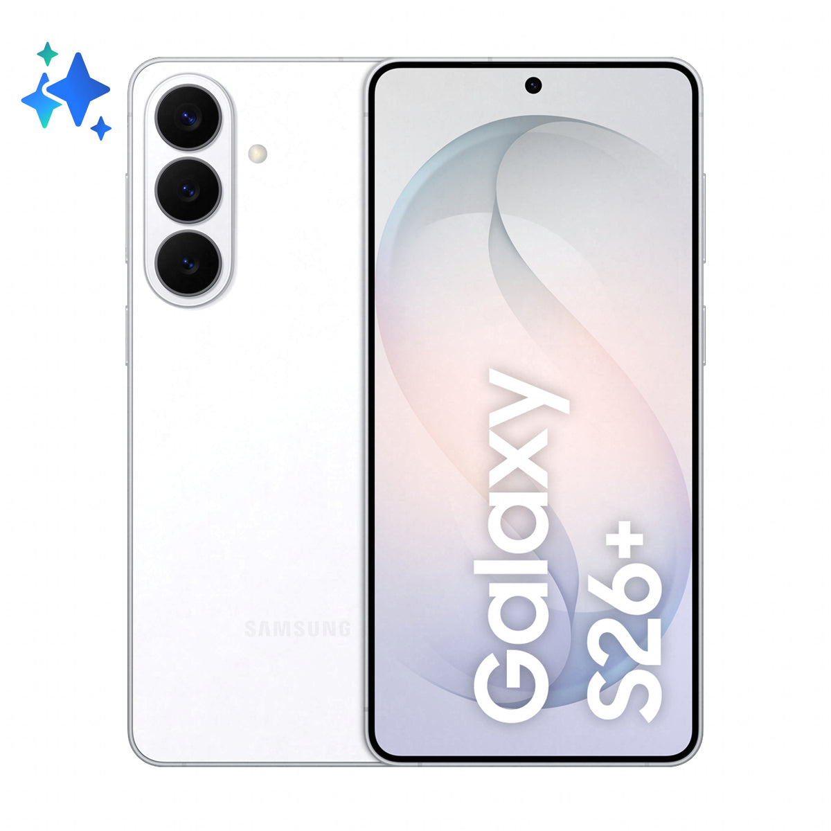 Samsung Galaxy S26+ in White — brand stock image. Your device's condition matches its grade.