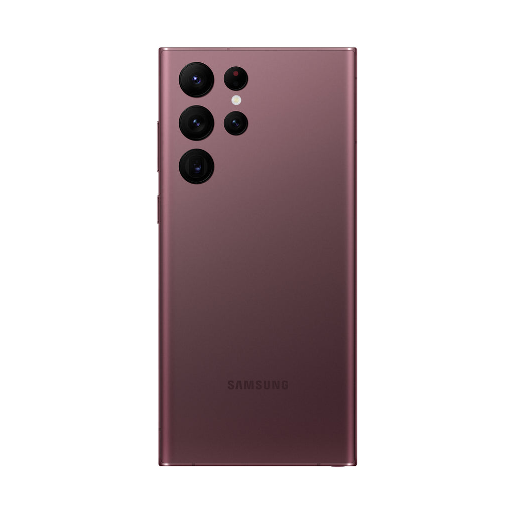 Samsung Galaxy S22 Ultra in Burgundy — brand stock image. Your device's condition matches its grade.