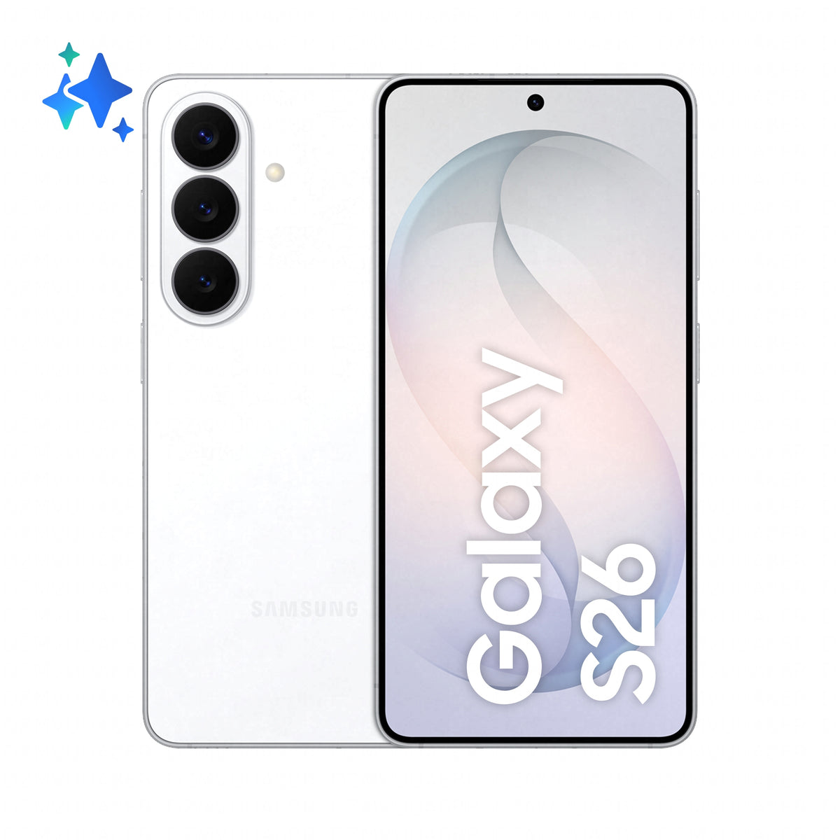 Samsung Galaxy S26 in White — brand stock image. Your device's condition matches its grade.