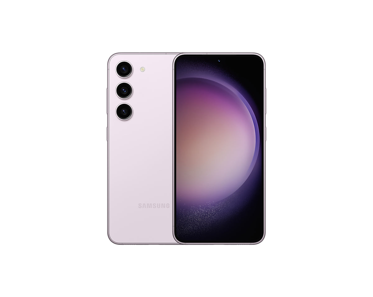 Samsung Galaxy S23 in Lavender — brand stock image. Your device's condition matches its grade.
