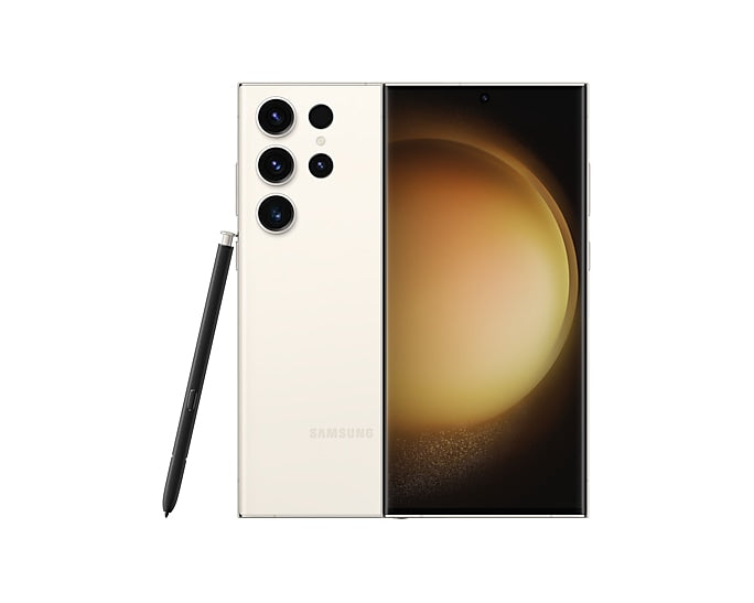 Samsung Galaxy S23 Ultra in Cream — brand stock image. Your device's condition matches its grade.