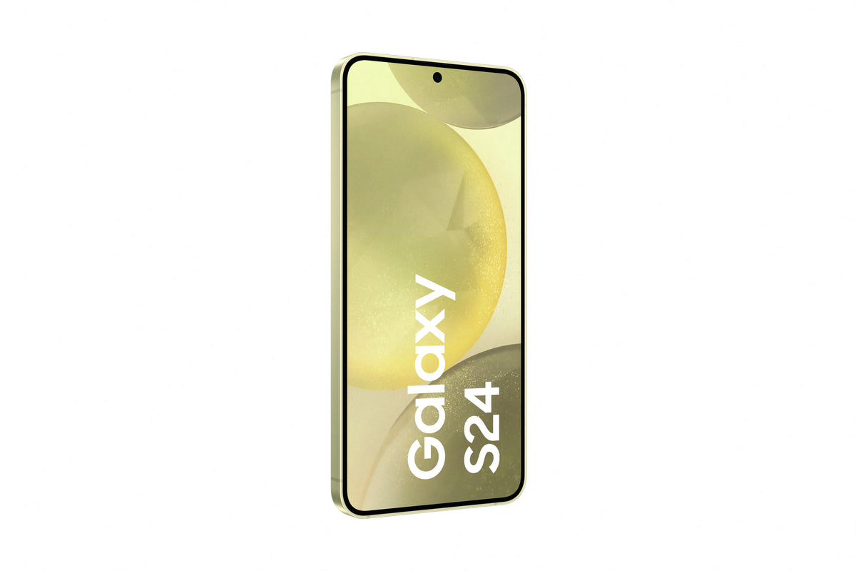 Samsung Galaxy S24 in Amber Yellow — brand stock image. Your device's condition matches its grade.