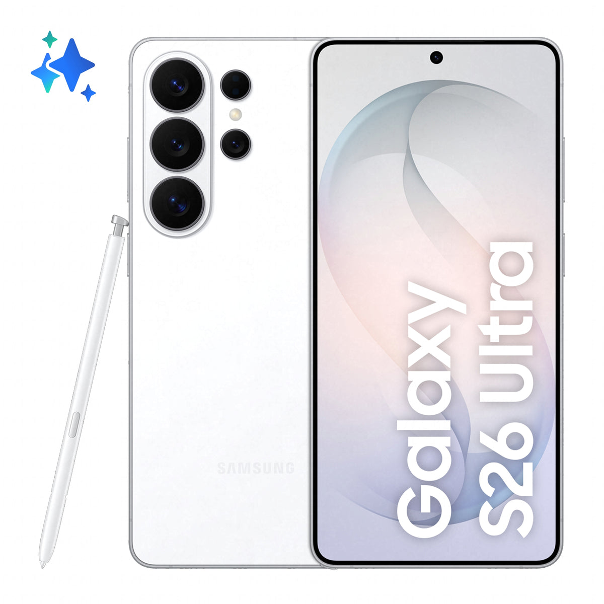 Samsung Galaxy S26 Ultra in White — brand stock image. Your device's condition matches its grade.