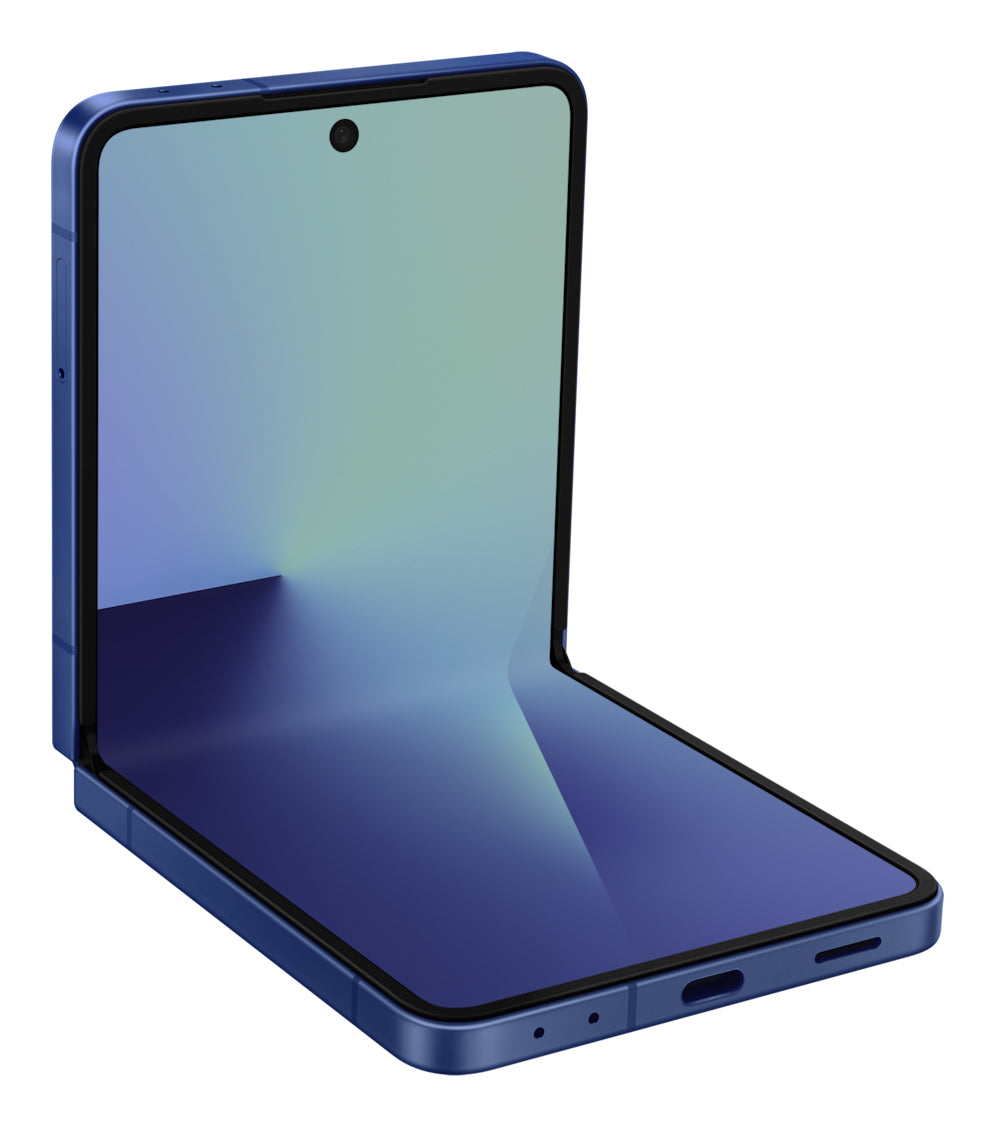 Samsung Galaxy Z Flip7 in Blue Shadow — brand stock image. Your device's condition matches its grade.