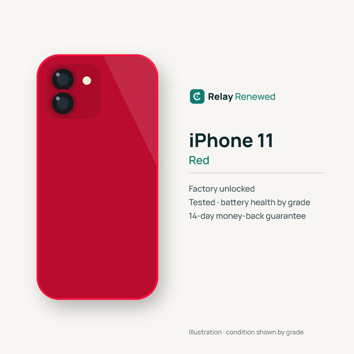 iPhone 11 in Red — illustration. Your device's condition matches its grade.