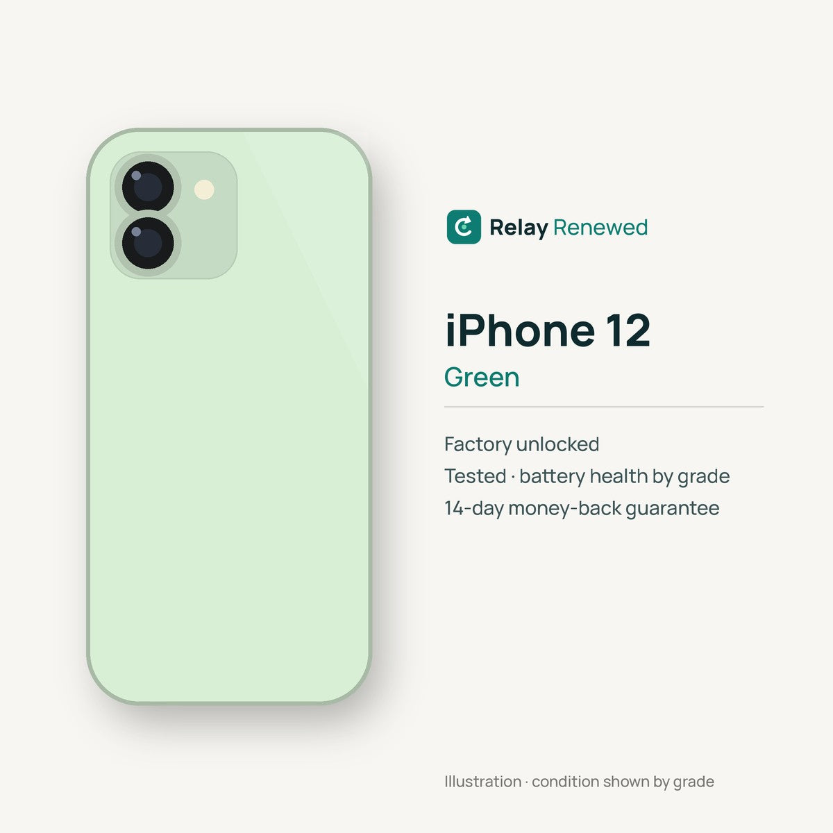 iPhone 12 in Green — illustration. Your device's condition matches its grade.