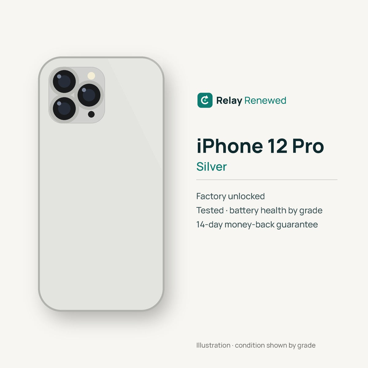 iPhone 12 Pro in Silver — illustration. Your device's condition matches its grade.