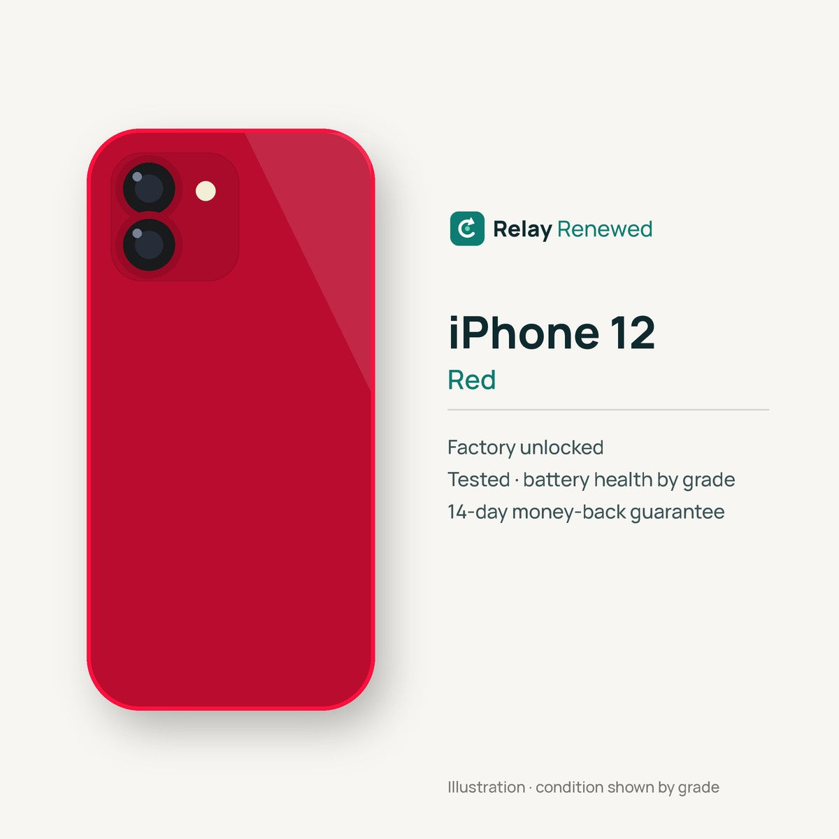 iPhone 12 in Red — illustration. Your device's condition matches its grade.