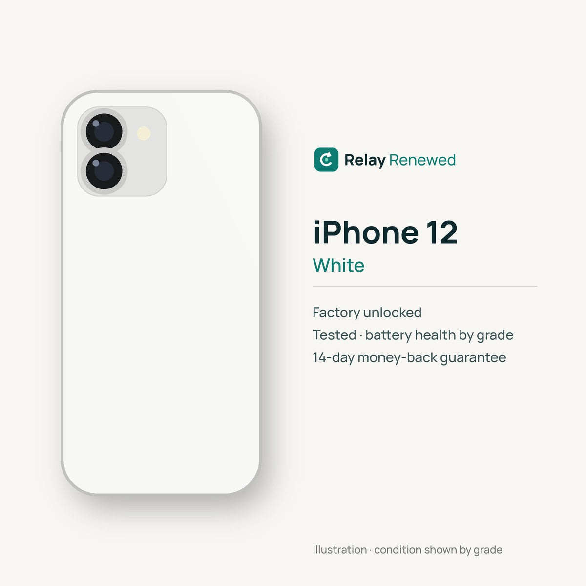 iPhone 12 in White — illustration. Your device's condition matches its grade.