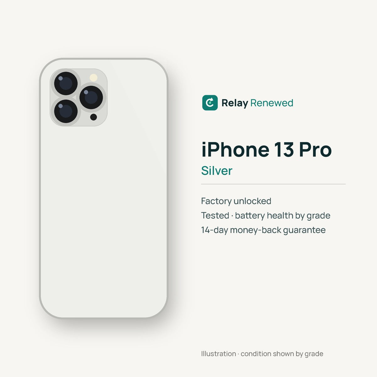 iPhone 13 Pro in Silver — illustration. Your device's condition matches its grade.