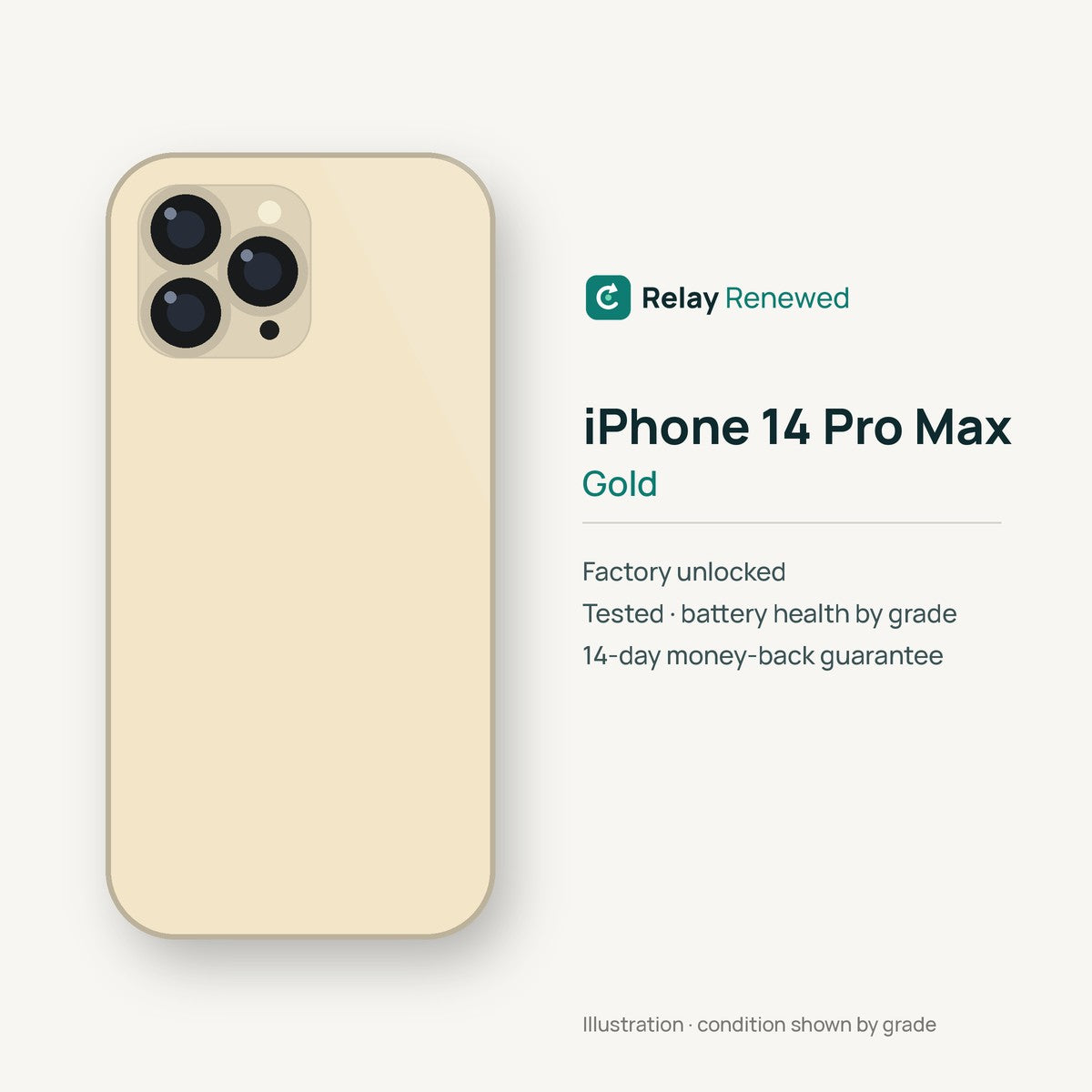 iPhone 14 Pro Max in Gold — illustration. Your device's condition matches its grade.