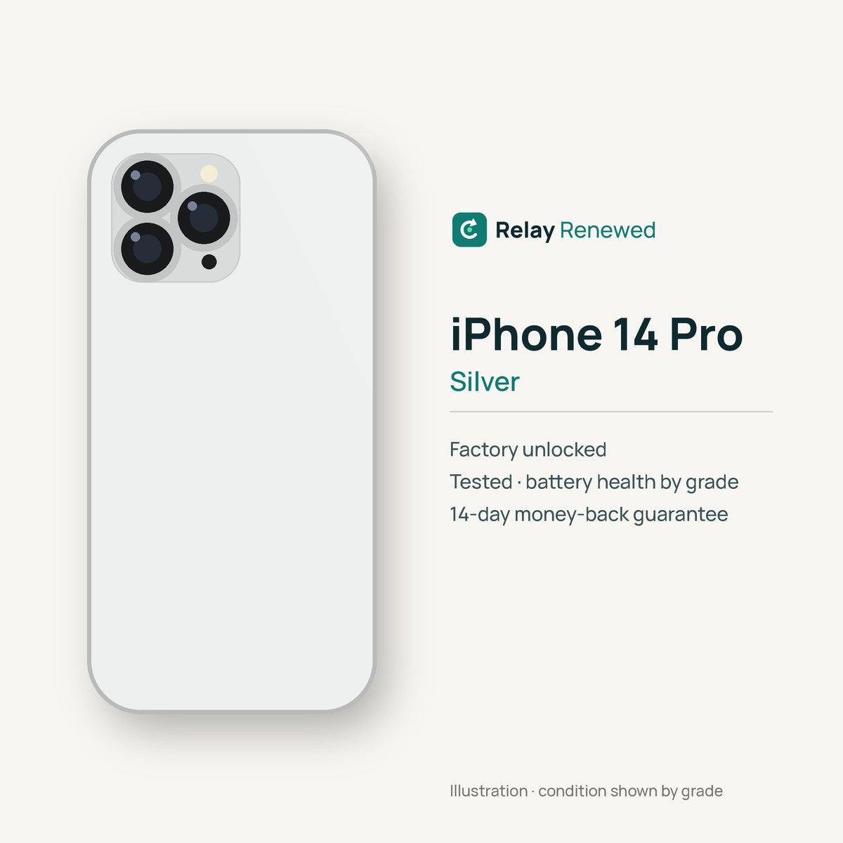 iPhone 14 Pro in Silver — illustration. Your device's condition matches its grade.