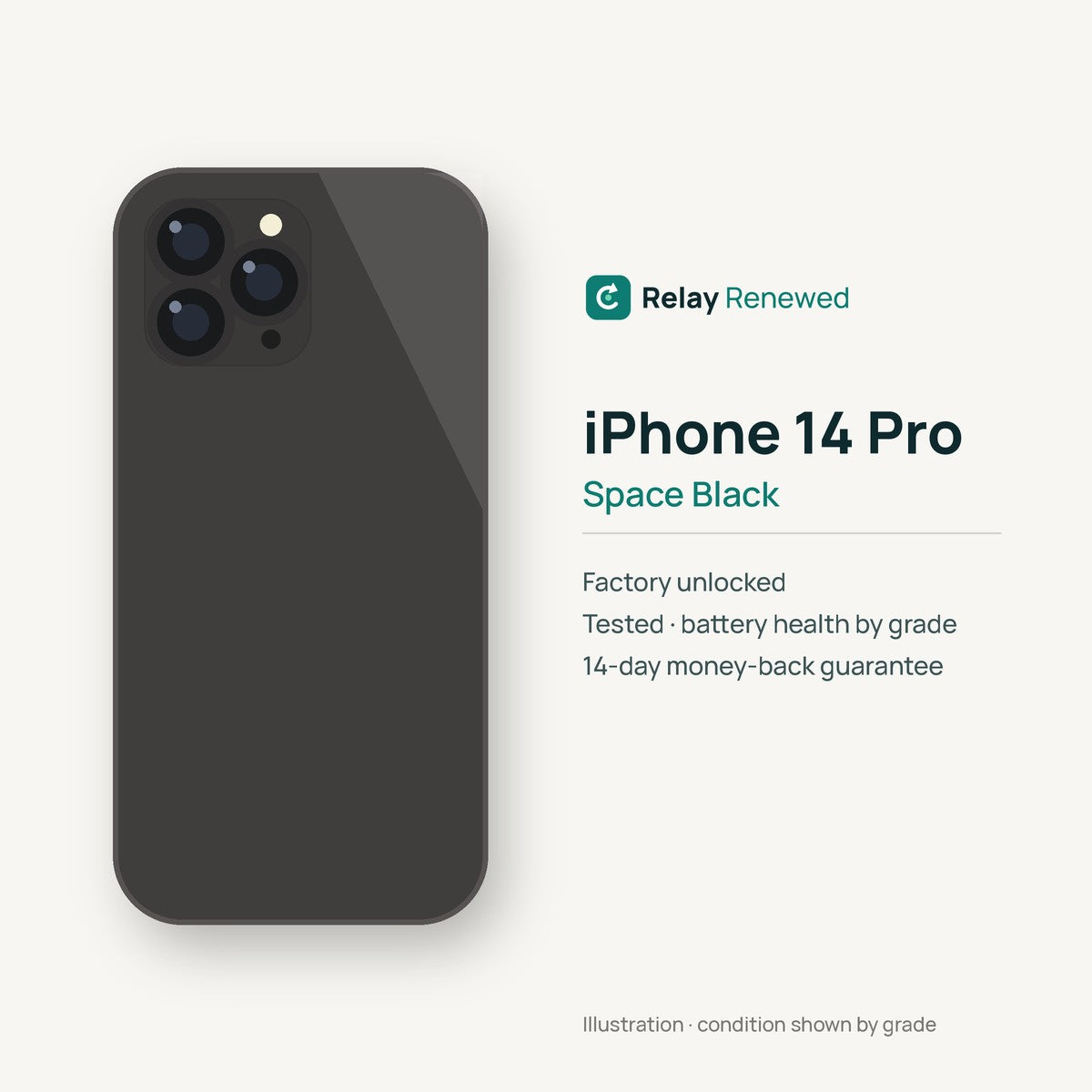 iPhone 14 Pro in Space Black — illustration. Your device's condition matches its grade.