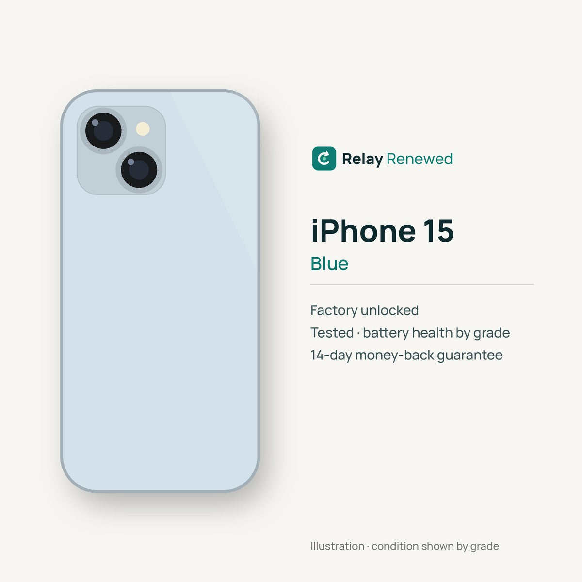 iPhone 15 in Blue — illustration. Your device's condition matches its grade.