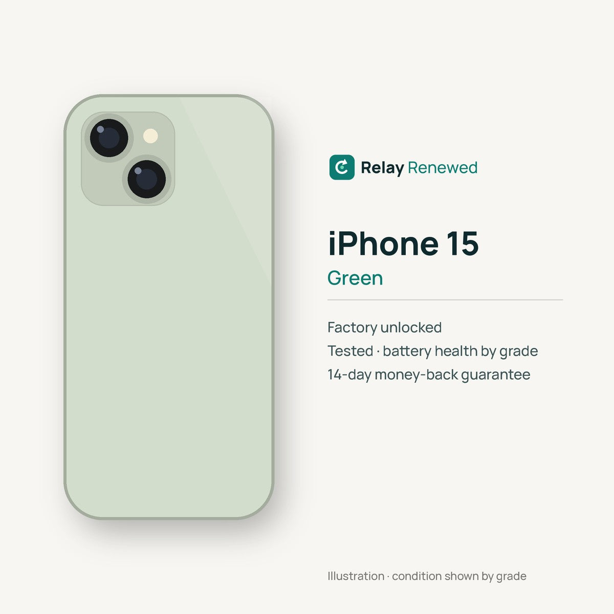 iPhone 15 in Green — illustration. Your device's condition matches its grade.