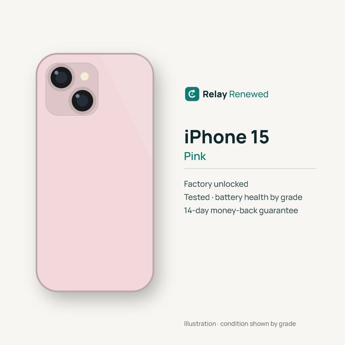 iPhone 15 in Pink — illustration. Your device's condition matches its grade.