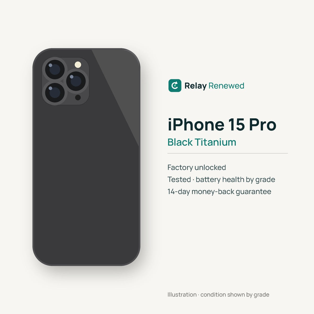 iPhone 15 Pro in Black Titanium — illustration. Your device's condition matches its grade.