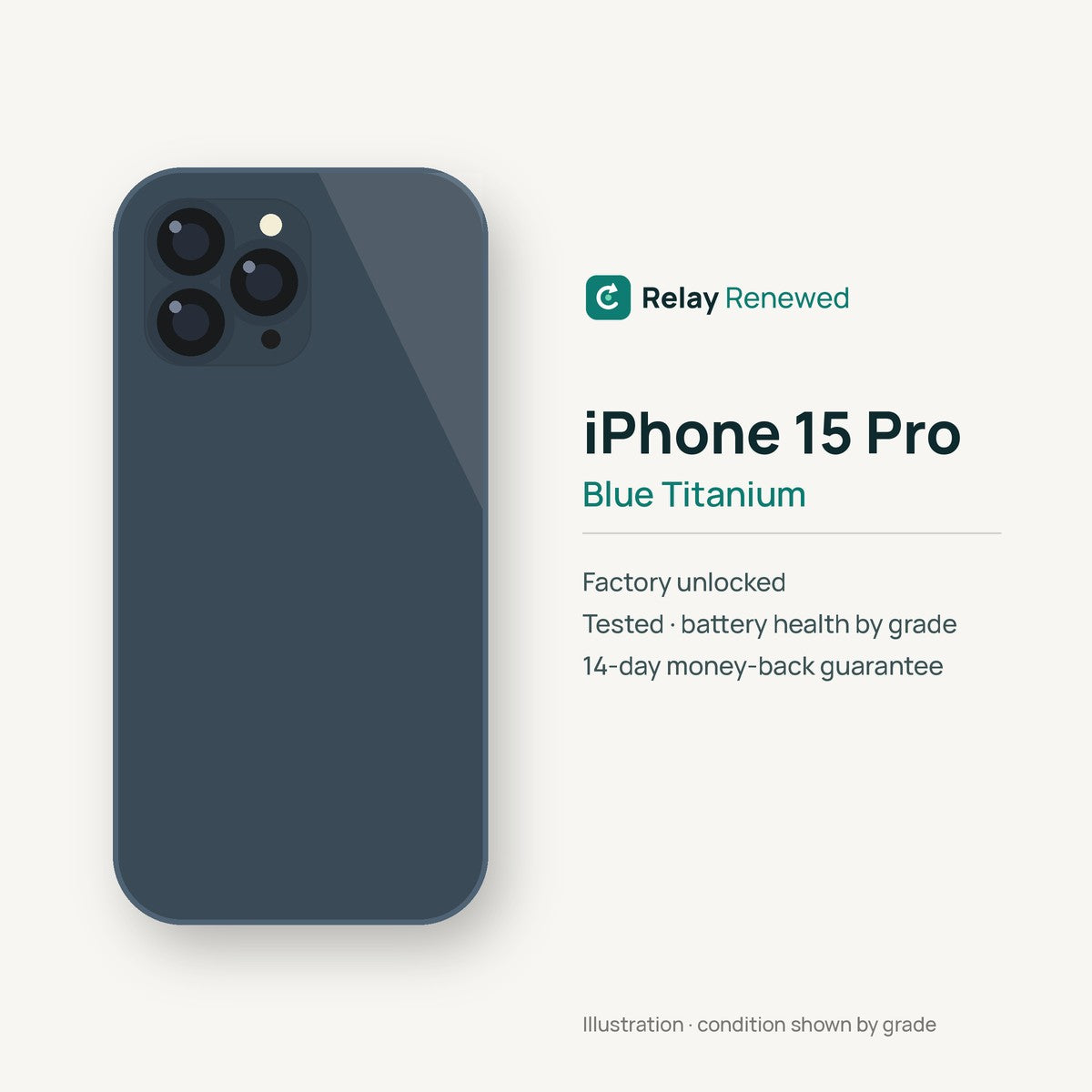 iPhone 15 Pro in Blue Titanium — illustration. Your device's condition matches its grade.
