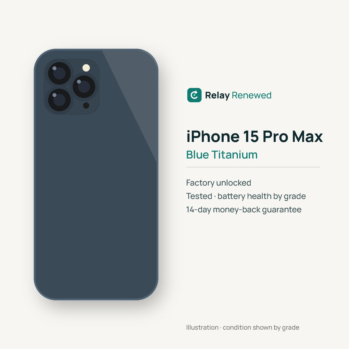 iPhone 15 Pro Max in Blue Titanium — illustration. Your device's condition matches its grade.