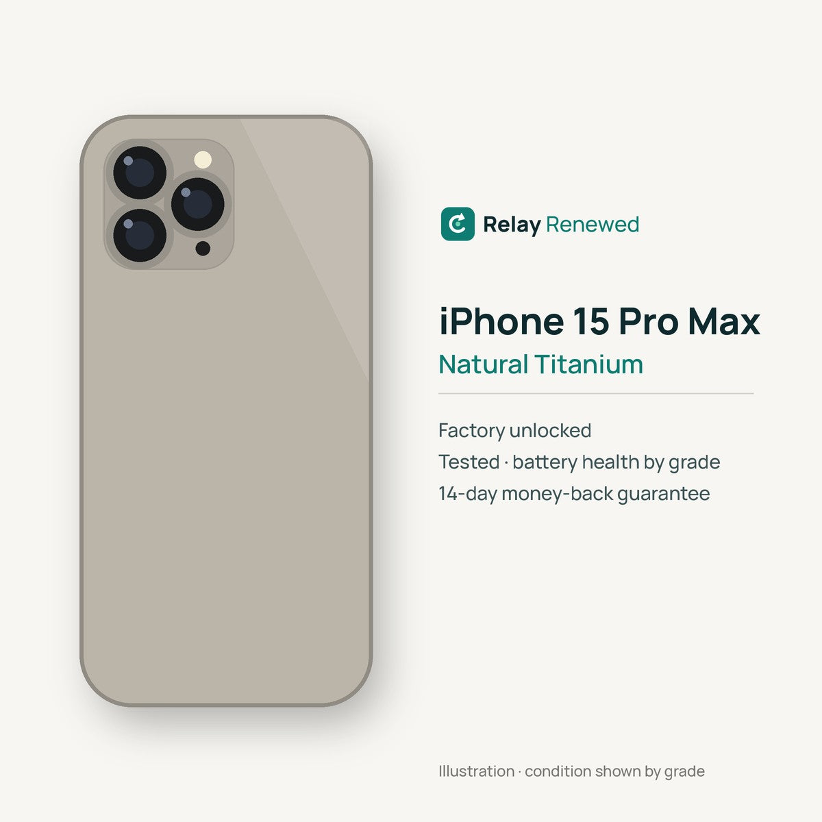 iPhone 15 Pro Max in Natural Titanium — illustration. Your device's condition matches its grade.
