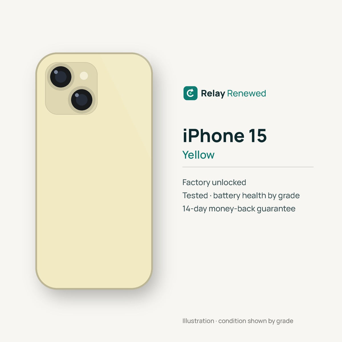 iPhone 15 in Yellow — illustration. Your device's condition matches its grade.
