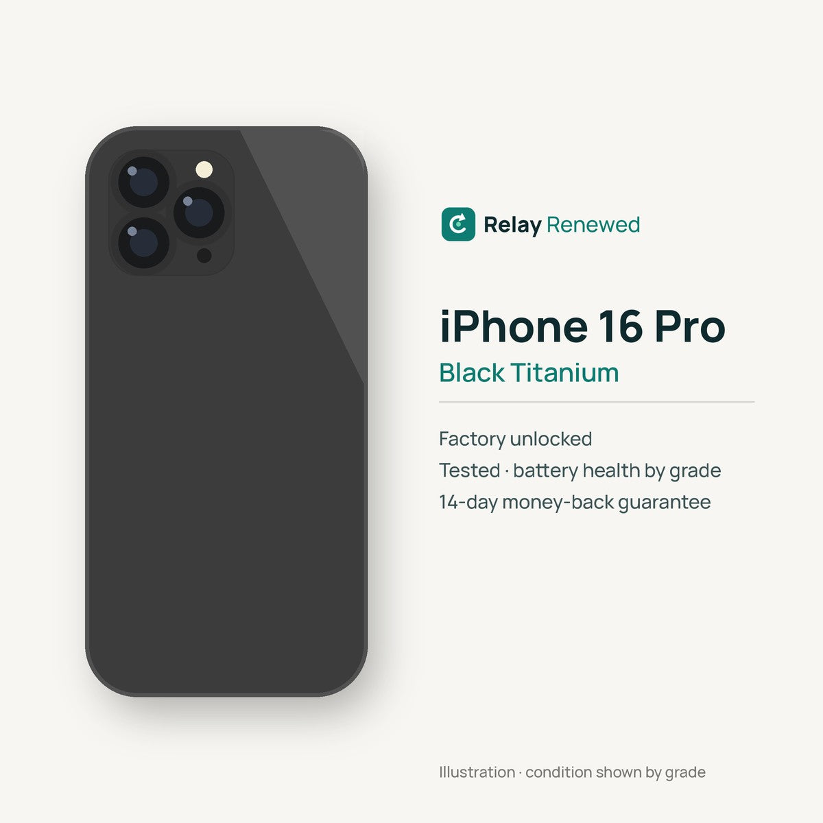 iPhone 16 Pro in Black Titanium — illustration. Your device's condition matches its grade.
