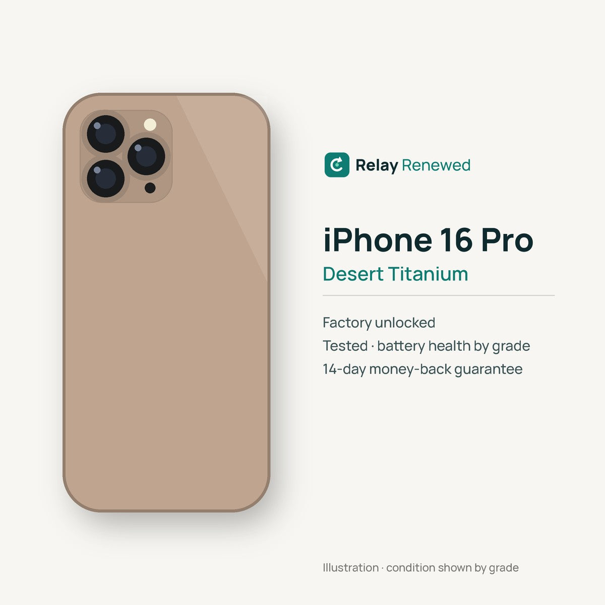 iPhone 16 Pro in Desert Titanium — illustration. Your device's condition matches its grade.