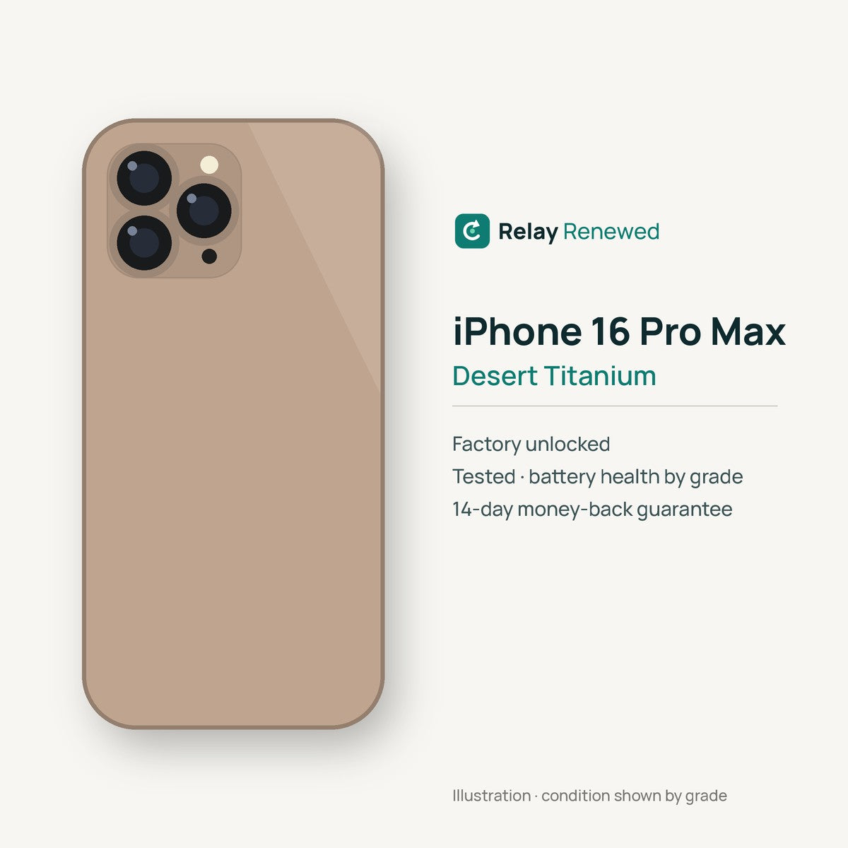 iPhone 16 Pro Max in Desert Titanium — illustration. Your device's condition matches its grade.