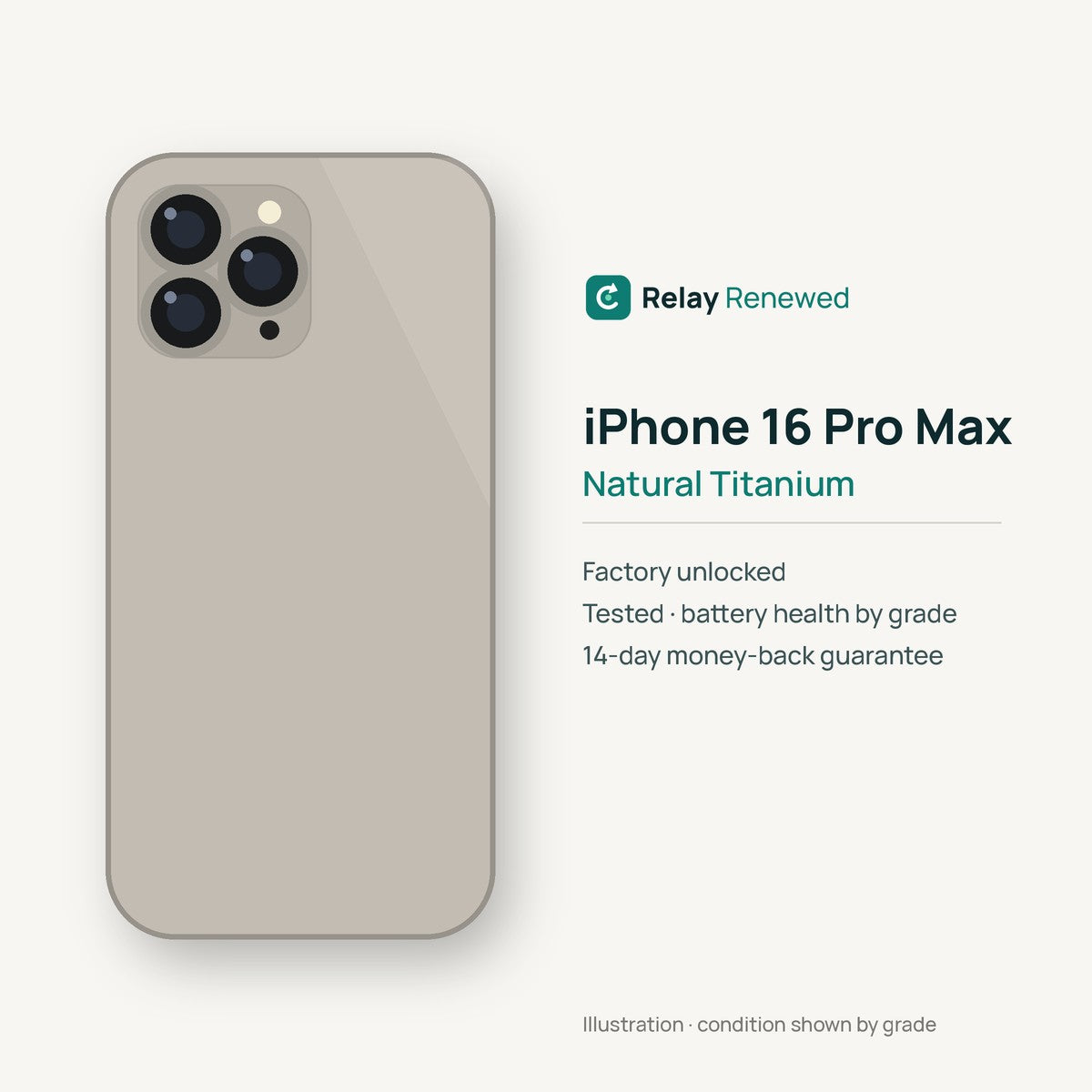 iPhone 16 Pro Max in Natural Titanium — illustration. Your device's condition matches its grade.