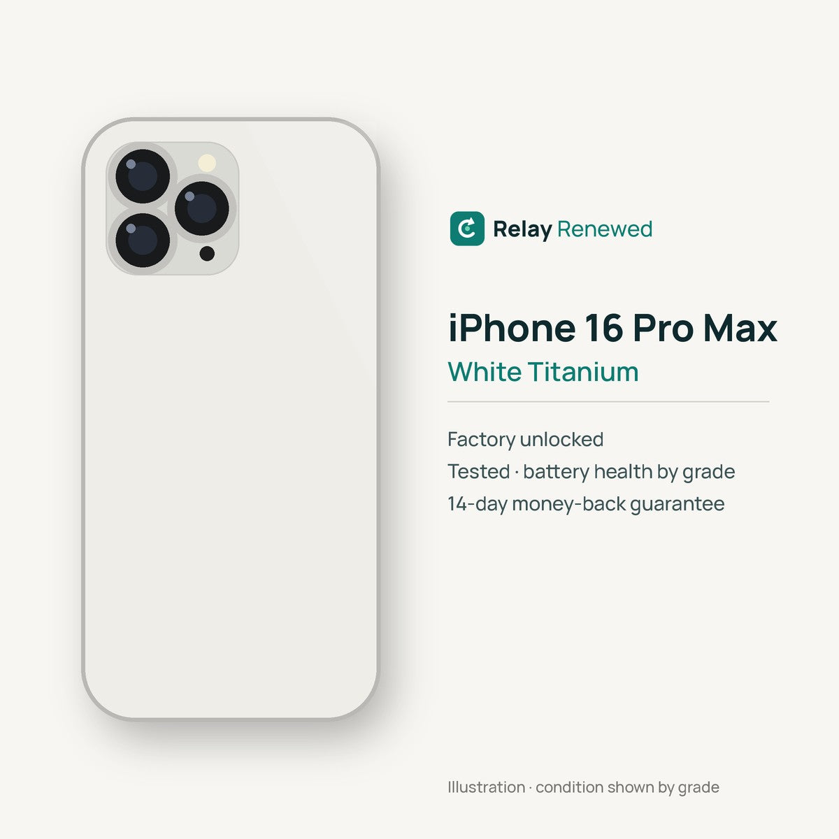 iPhone 16 Pro Max in White Titanium — illustration. Your device's condition matches its grade.