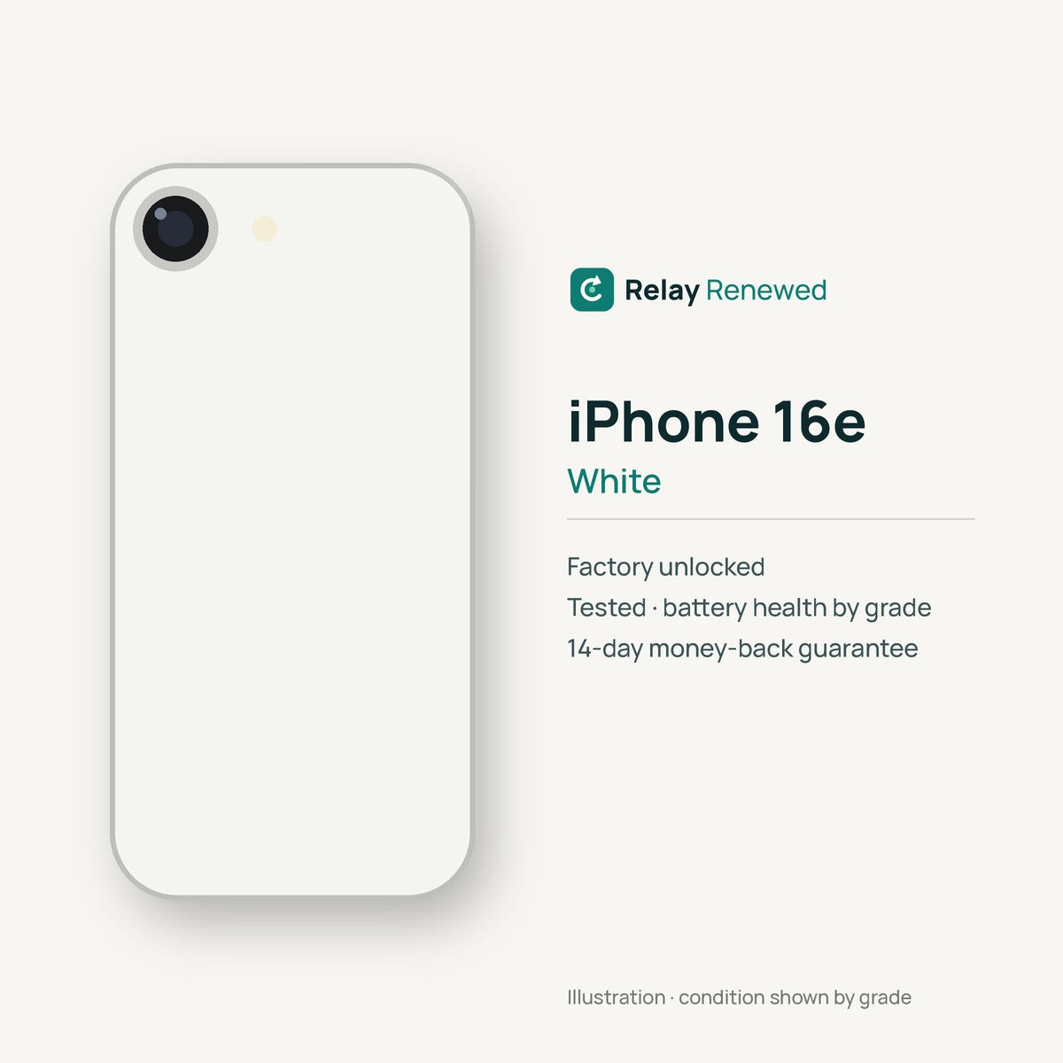 iPhone 16e in White — illustration. Your device's condition matches its grade.