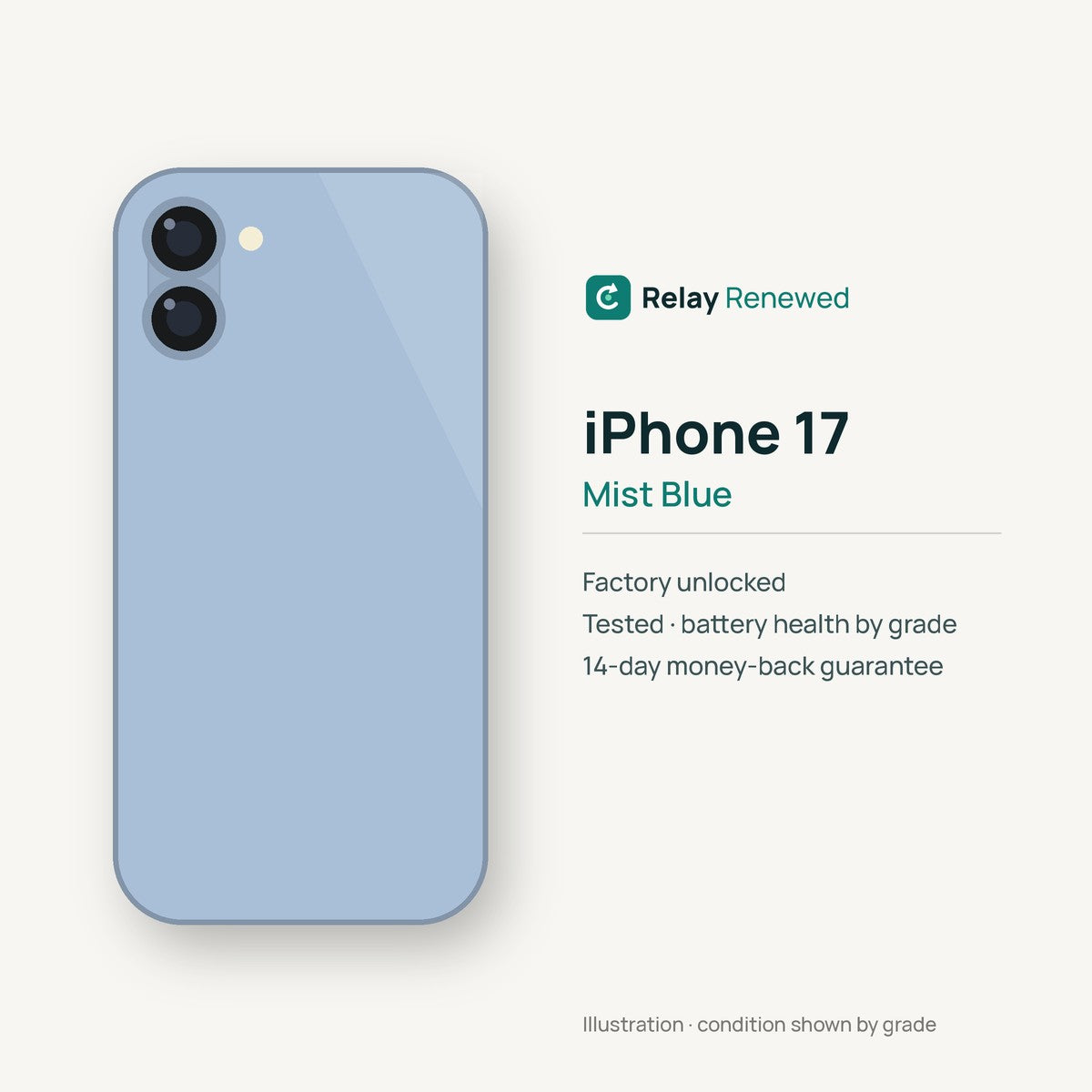 iPhone 17 in Mist Blue — illustration. Your device's condition matches its grade.