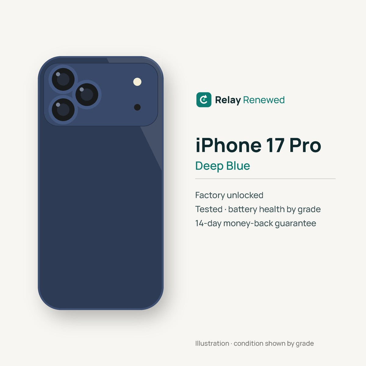iPhone 17 Pro in Deep Blue — illustration. Your device's condition matches its grade.