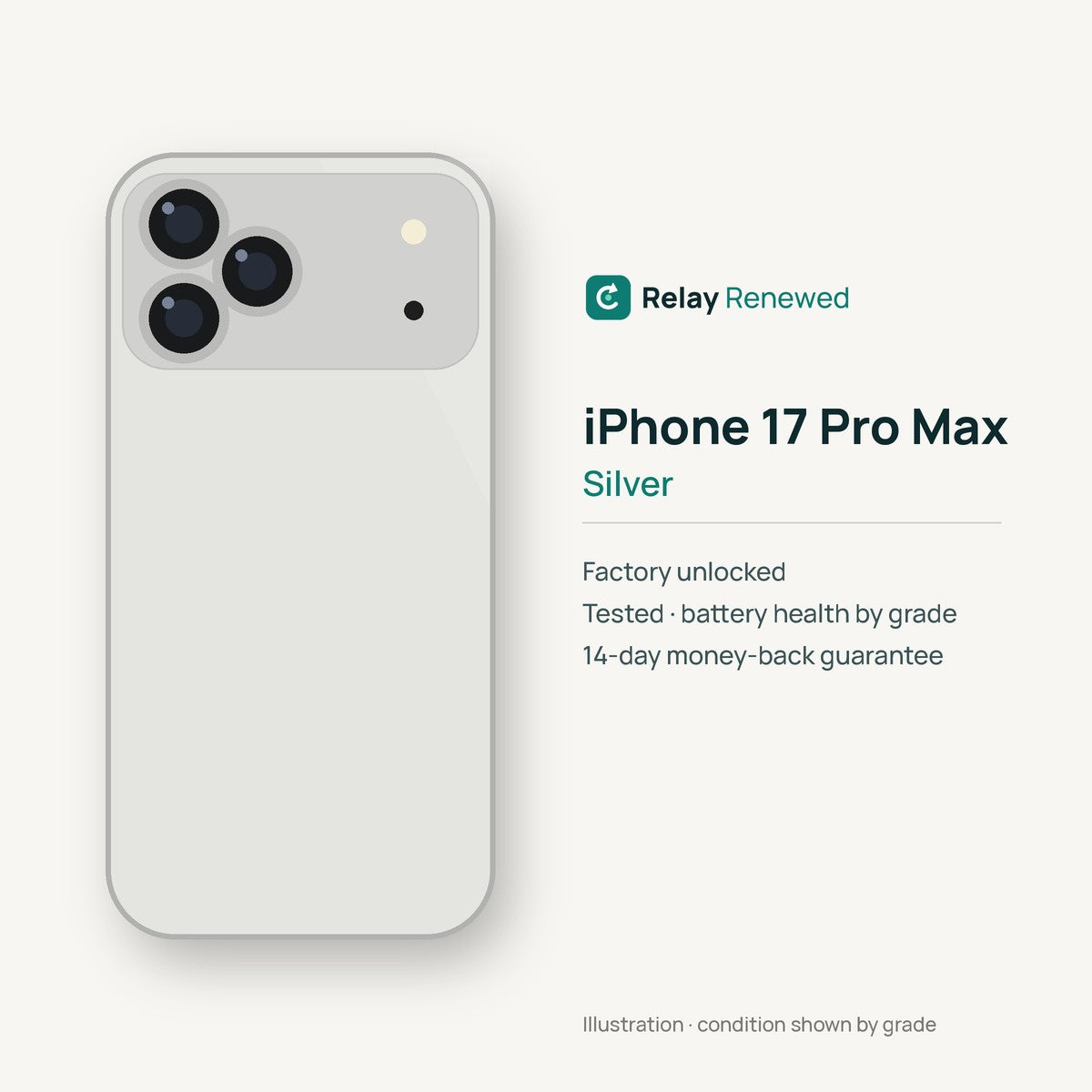 iPhone 17 Pro Max in Silver — illustration. Your device's condition matches its grade.