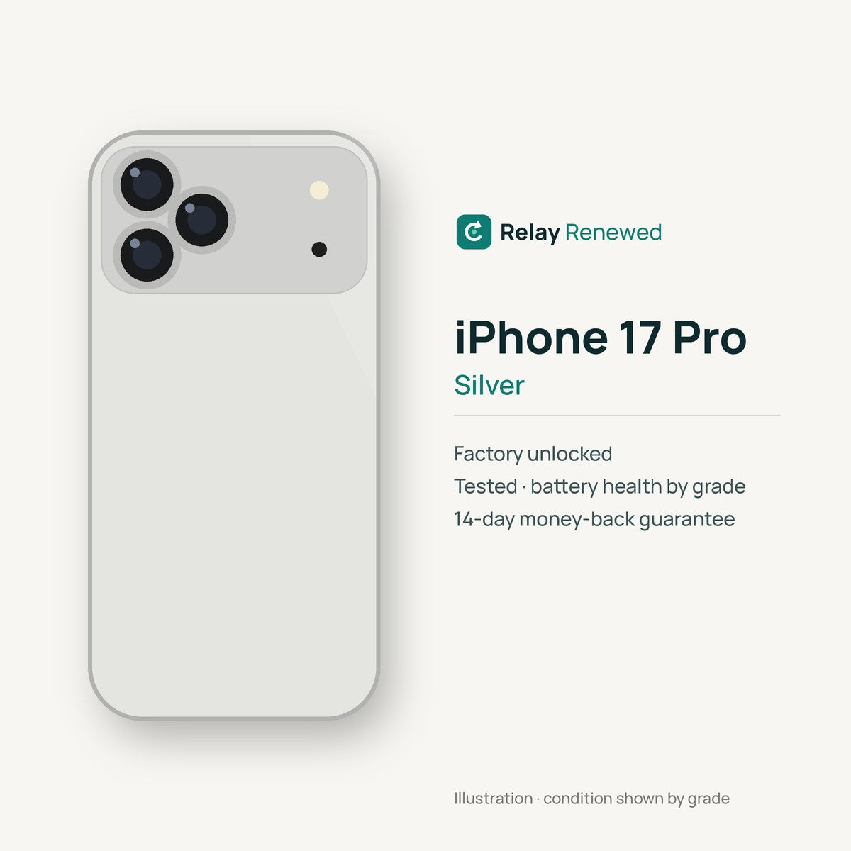 iPhone 17 Pro in Silver — illustration. Your device's condition matches its grade.