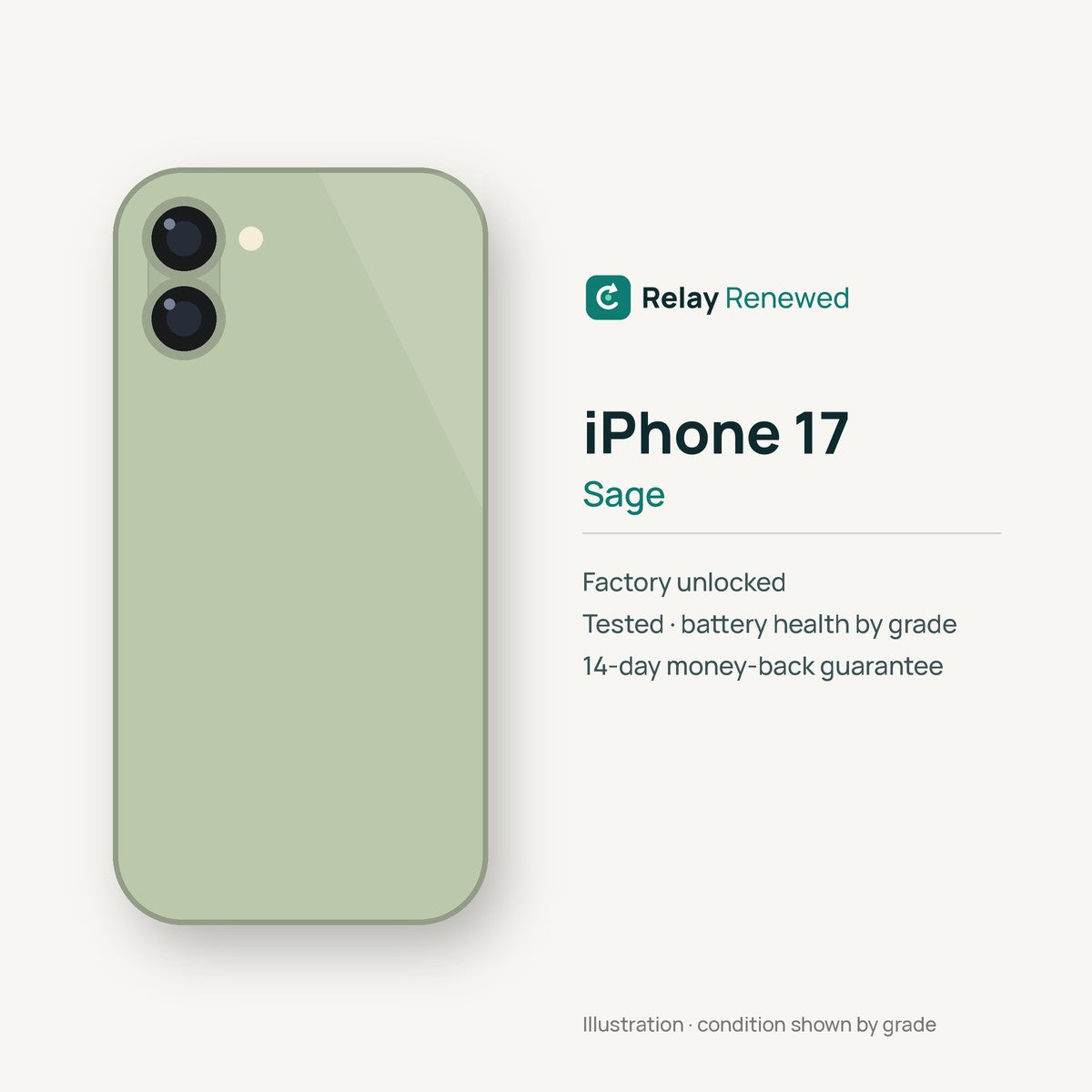 iPhone 17 in Sage — illustration. Your device's condition matches its grade.
