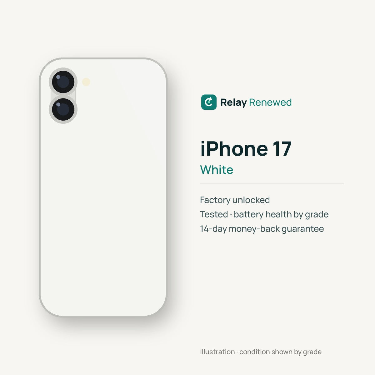 iPhone 17 in White — illustration. Your device's condition matches its grade.