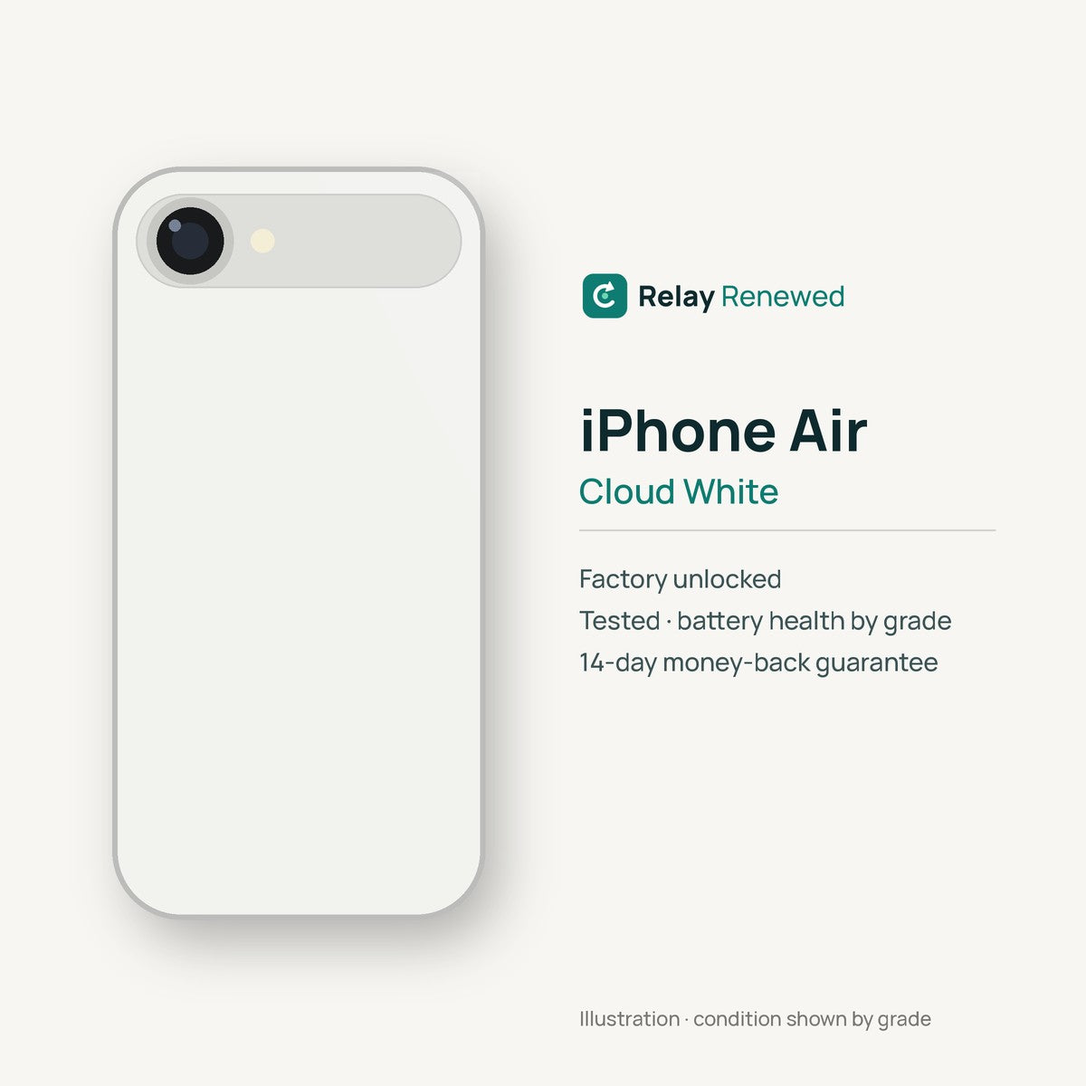 iPhone Air in Cloud White — illustration. Your device's condition matches its grade.