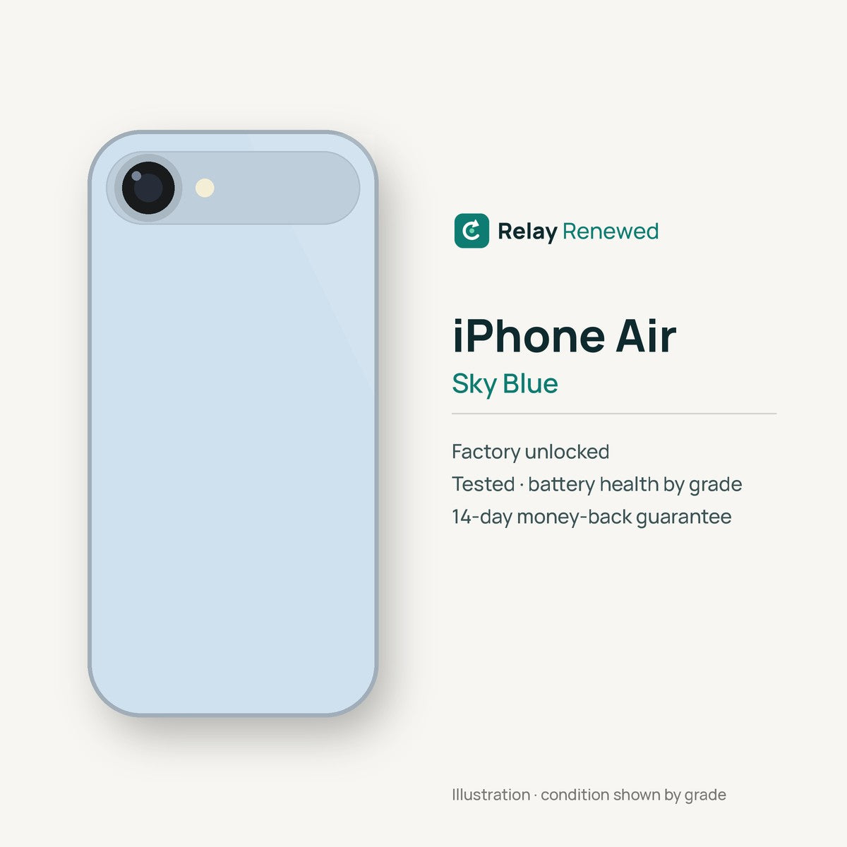 iPhone Air in Sky Blue — illustration. Your device's condition matches its grade.