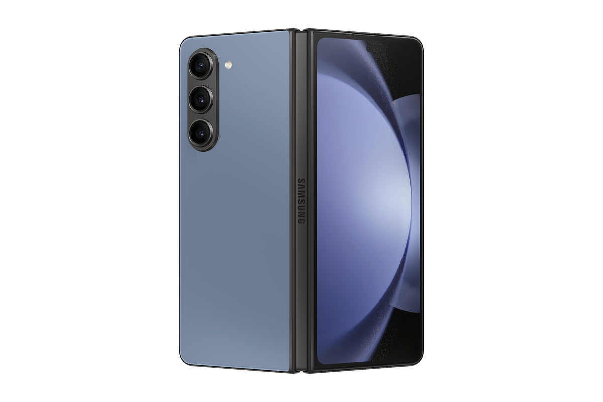Samsung Galaxy Z Fold5 in Icy Blue — brand stock image. Your device's condition matches its grade.