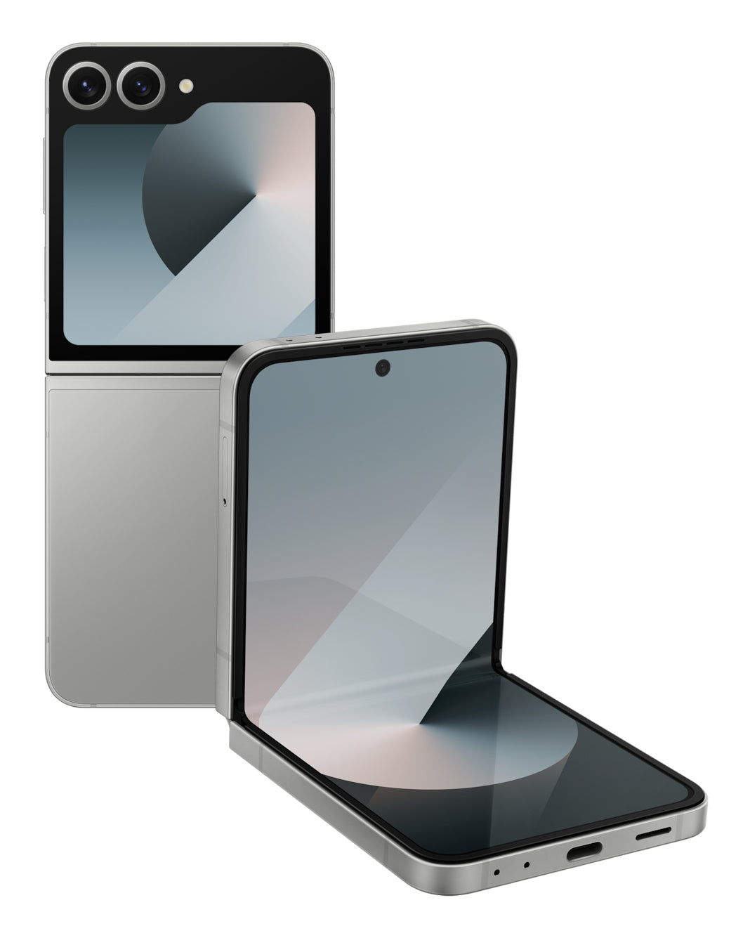 Samsung Galaxy Z Flip6 in Silver Shadow — brand stock image. Your device's condition matches its grade.