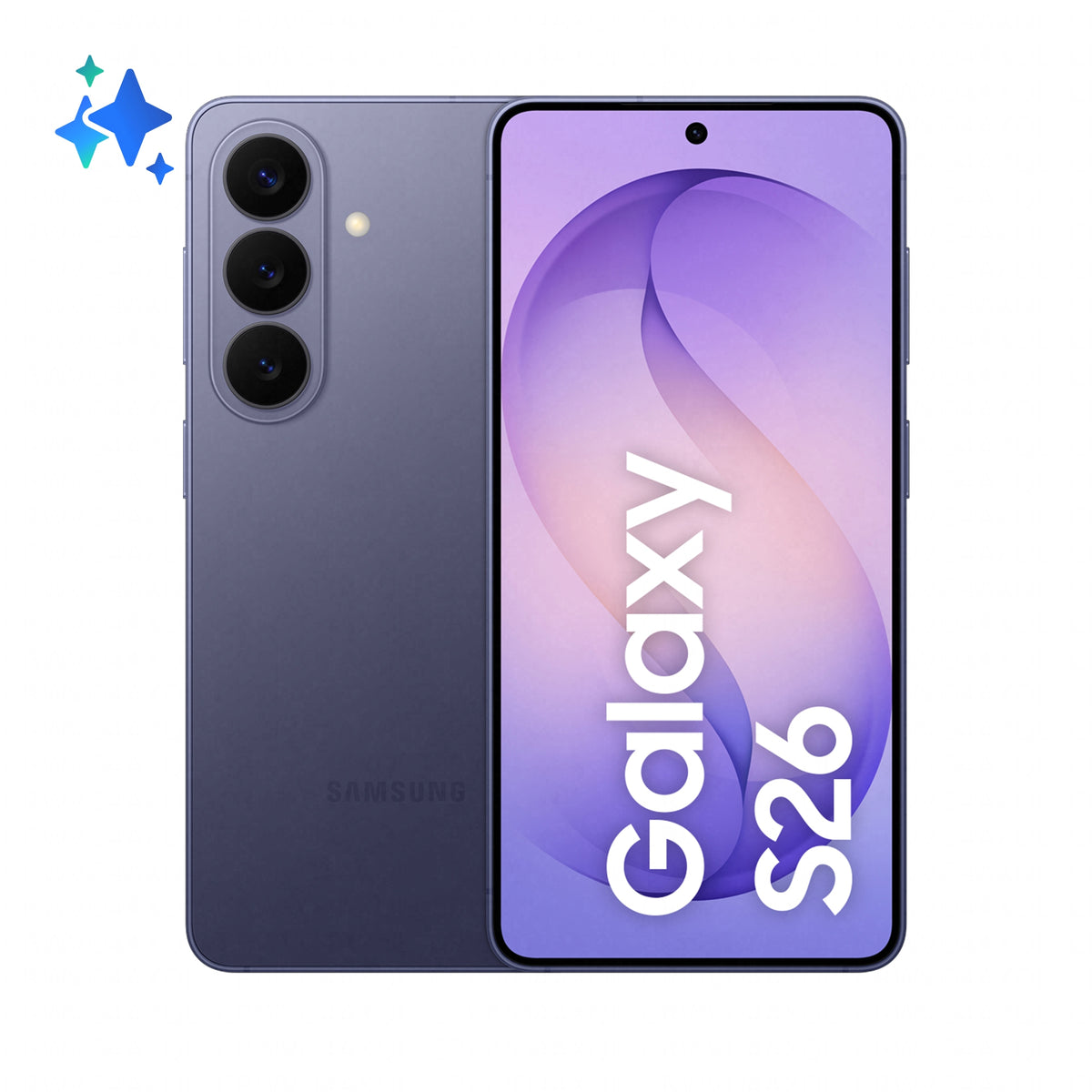Samsung Galaxy S26 in Cobalt Violet — brand stock image. Your device's condition matches its grade.