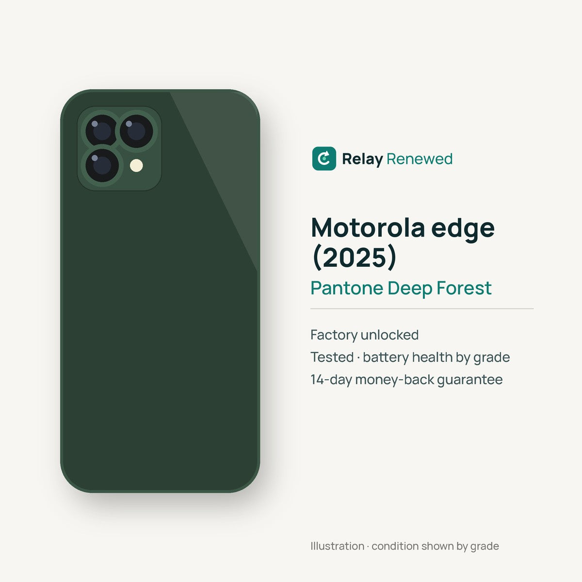 Motorola edge (2025) in Pantone Deep Forest — illustration. Your device's condition matches its grade.