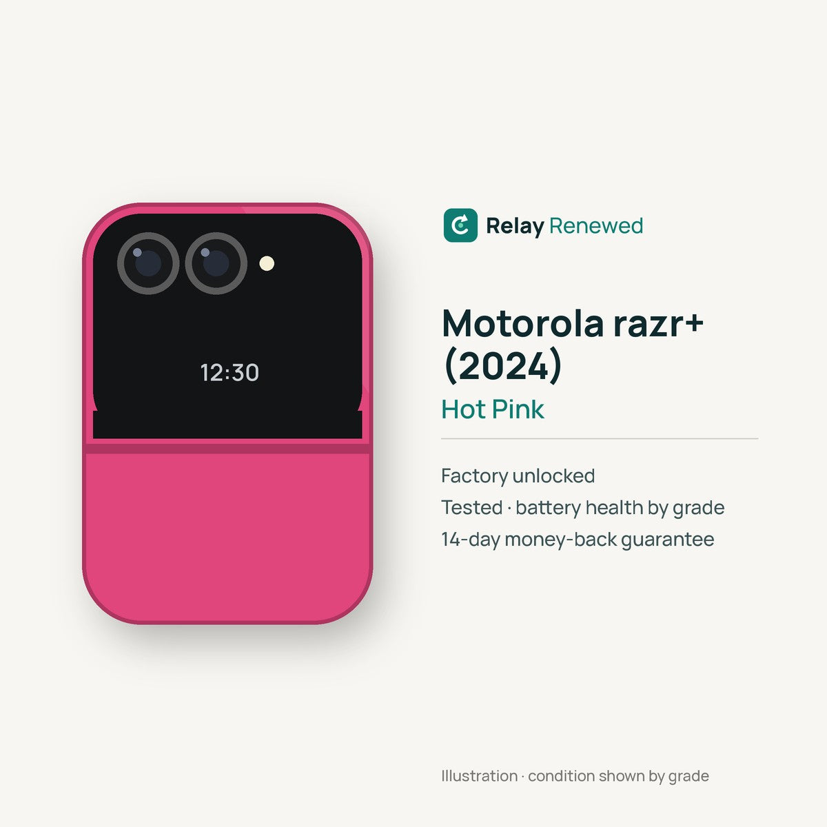 Motorola razr+ (2024) in Hot Pink — illustration. Your device's condition matches its grade.