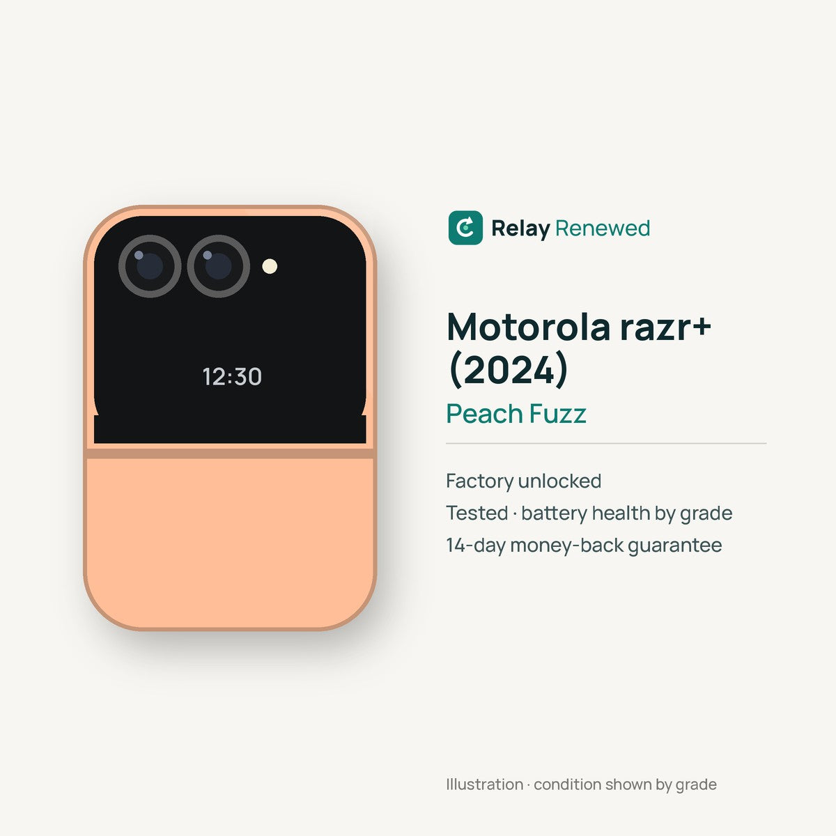 Motorola razr+ (2024) in Peach Fuzz — illustration. Your device's condition matches its grade.