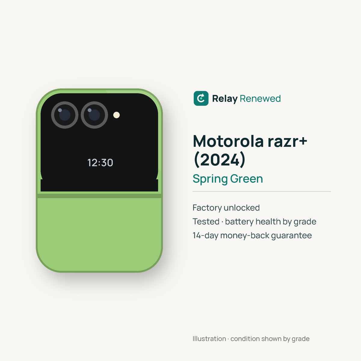 Motorola razr+ (2024) in Spring Green — illustration. Your device's condition matches its grade.