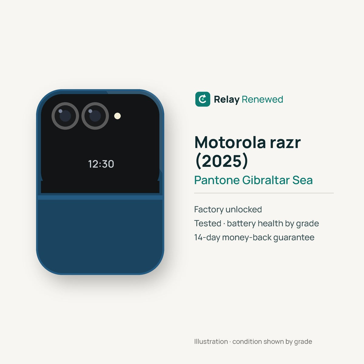 Motorola razr (2025) in Pantone Gibraltar Sea — illustration. Your device's condition matches its grade.